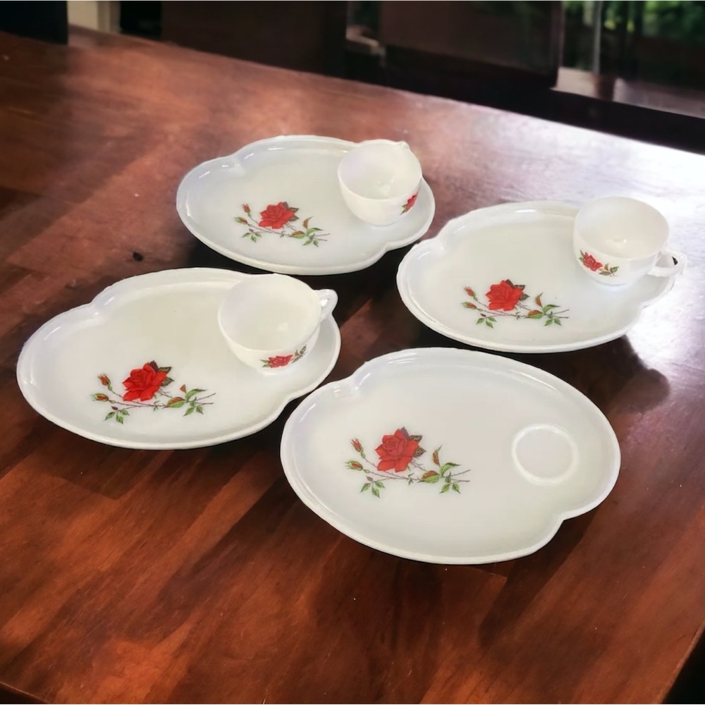 Snack Set  White Glass w Red Rose - Rosecrest Cups (x3) Plate (x4).